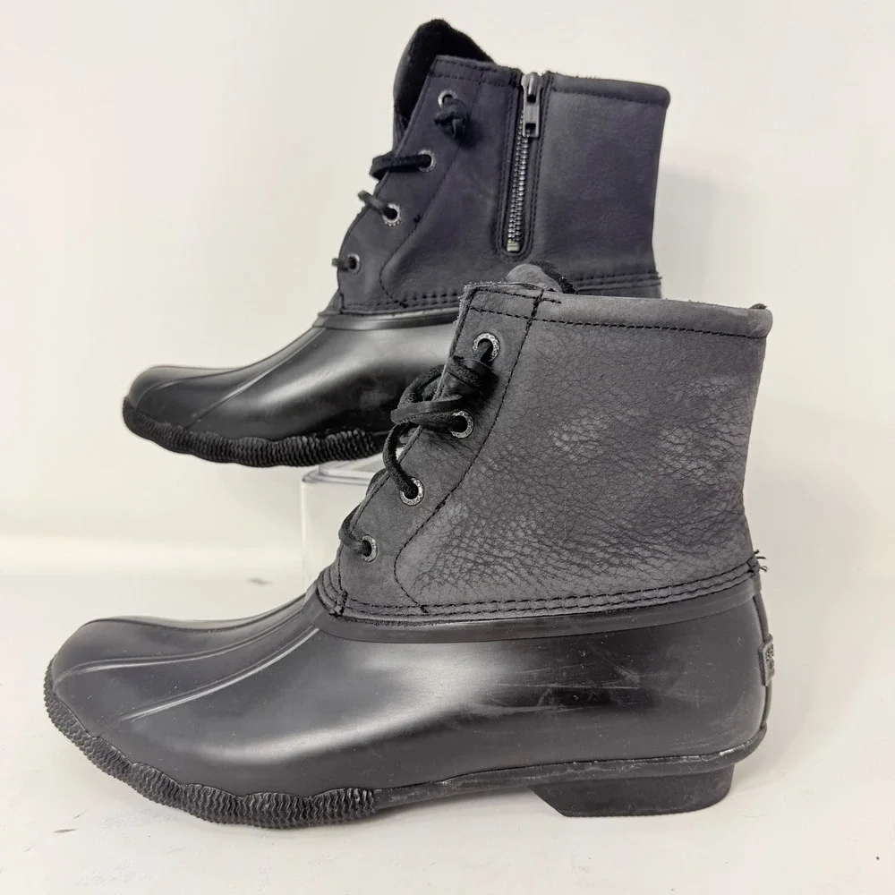 Sperry Saltwater Womens Black Leather Rubber Duck Boots STS88108 Size 11